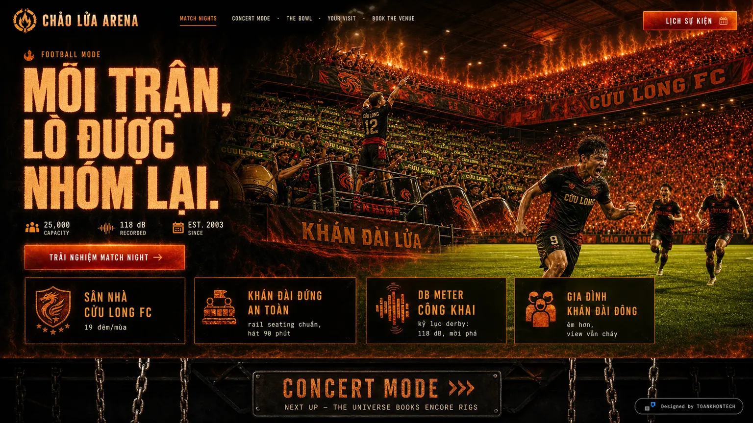 CHẢO LỬA ARENA website concept artboard focused on matchnights