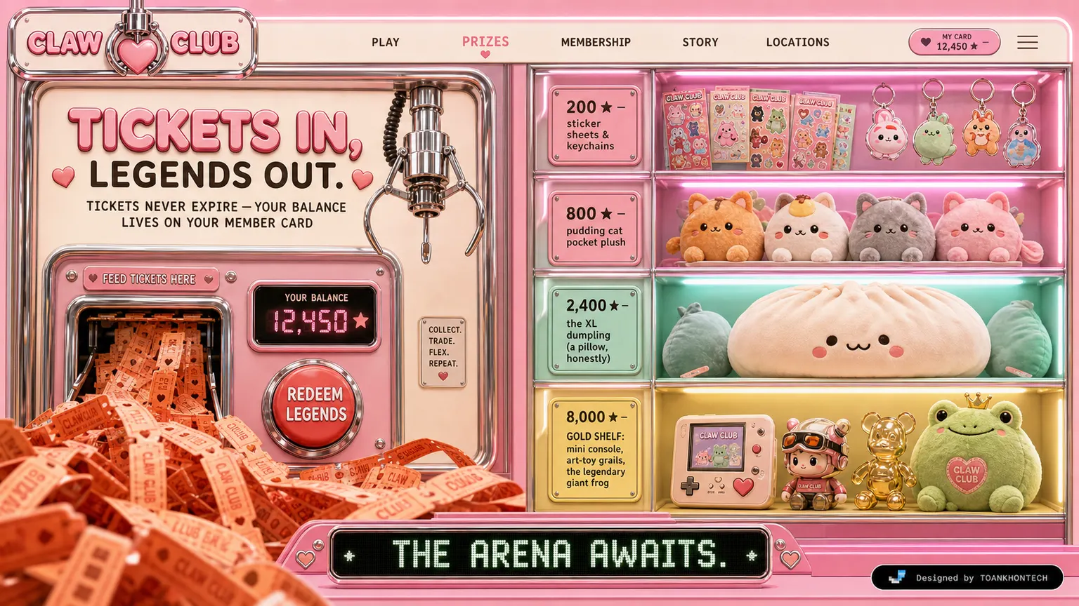 CLAW CLUB website concept artboard focused on prizes
