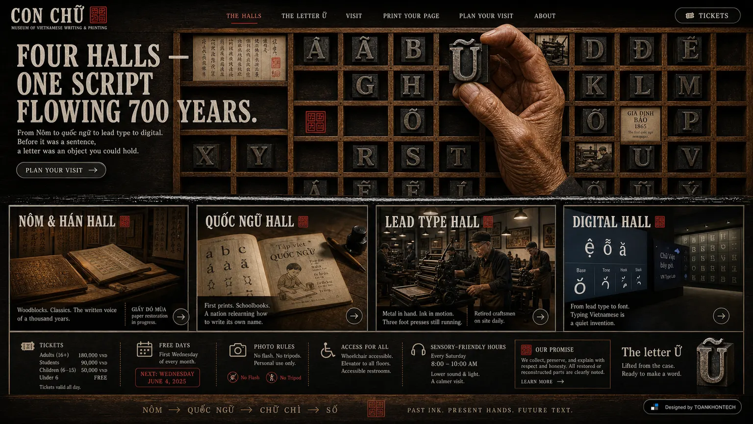 CON CHỮ website concept artboard focused on visitor space