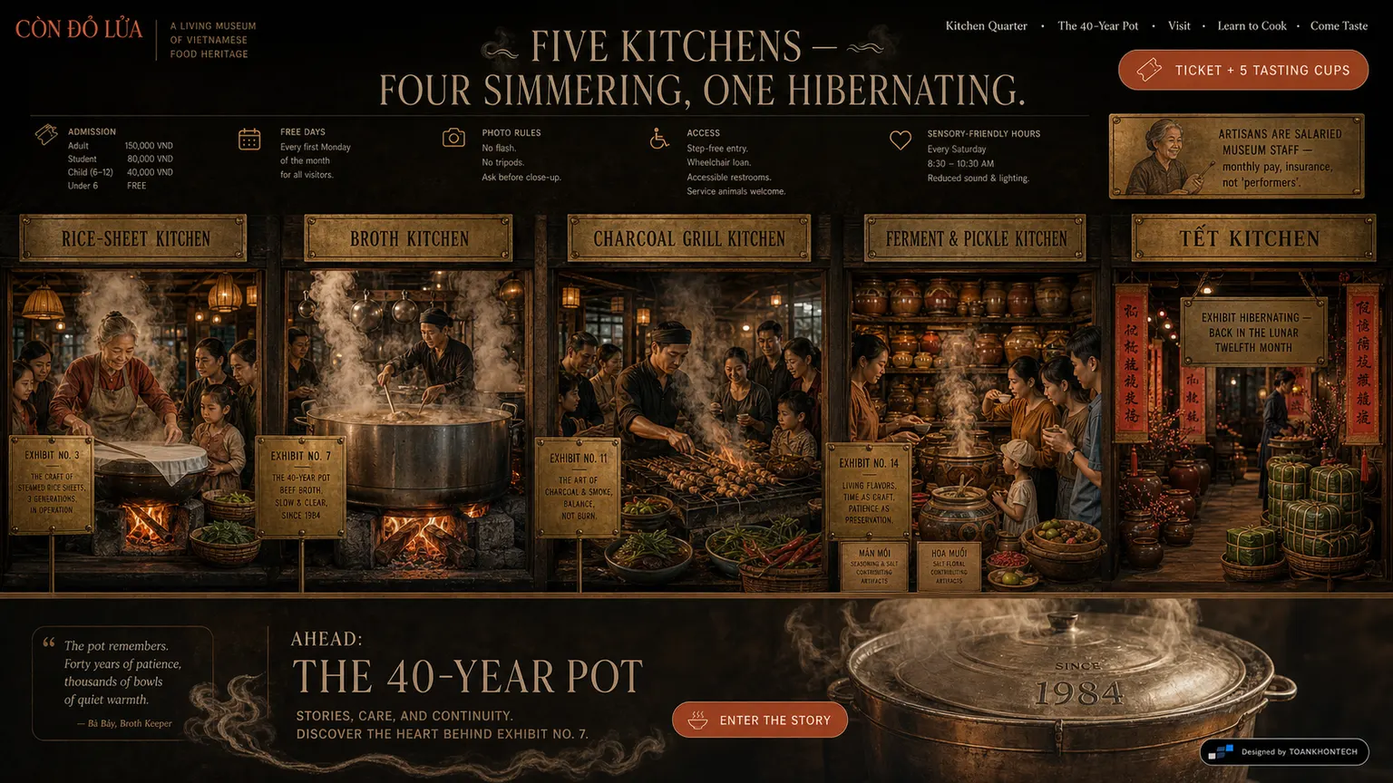 CÒN ĐỎ LỬA website concept artboard focused on visitor space