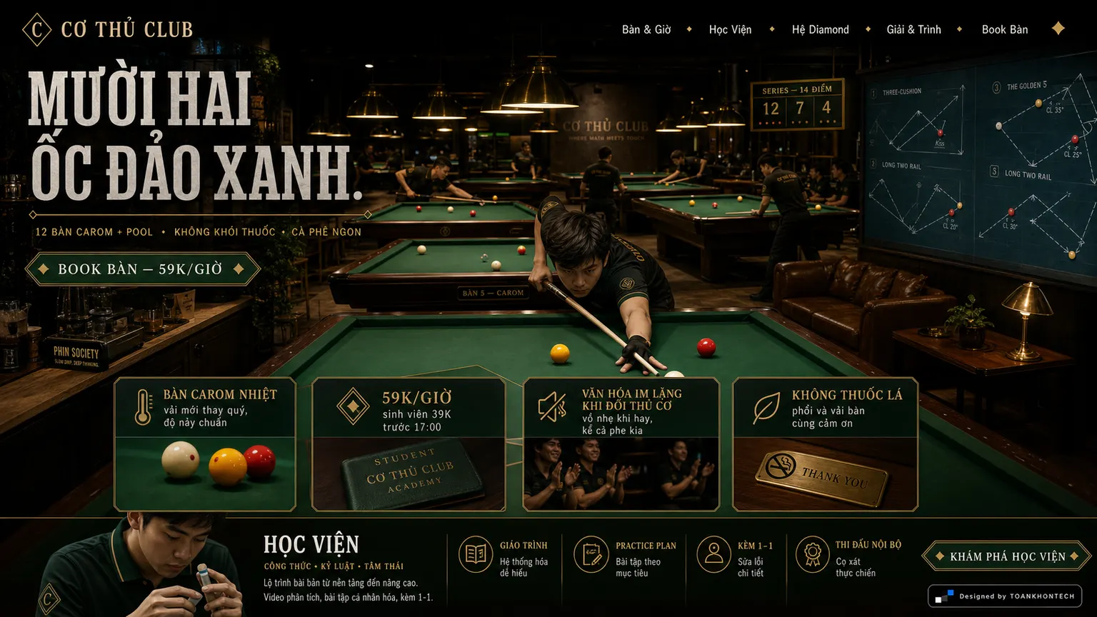 CƠ THỦ CLUB website concept artboard focused on tables