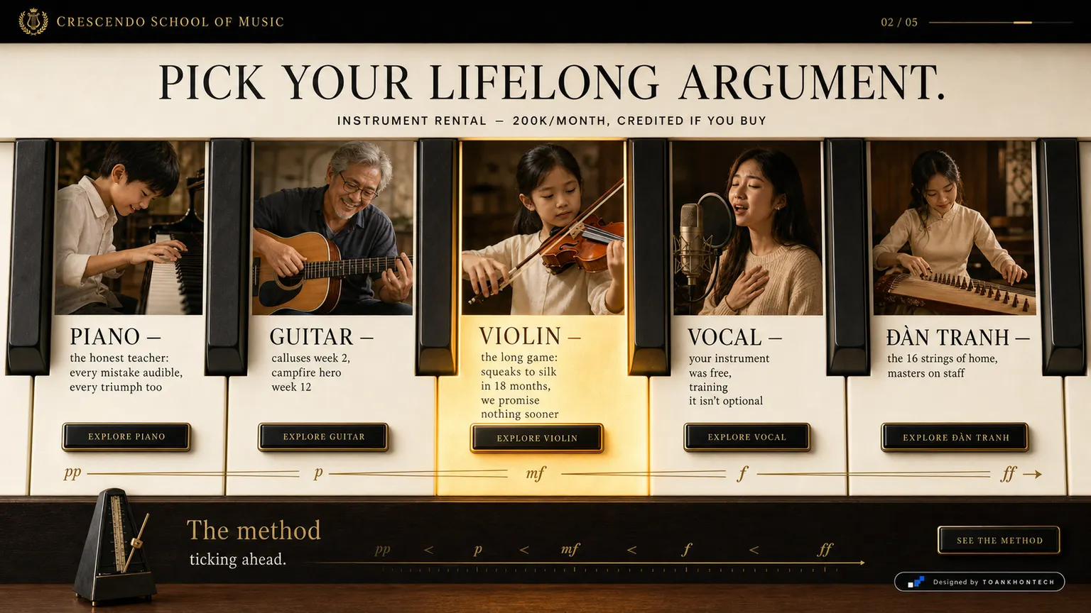 CRESCENDO SCHOOL OF MUSIC website concept artboard focused on instruments