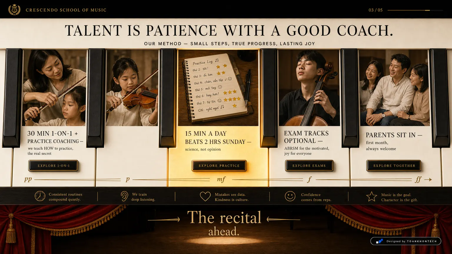 CRESCENDO SCHOOL OF MUSIC website concept artboard focused on method