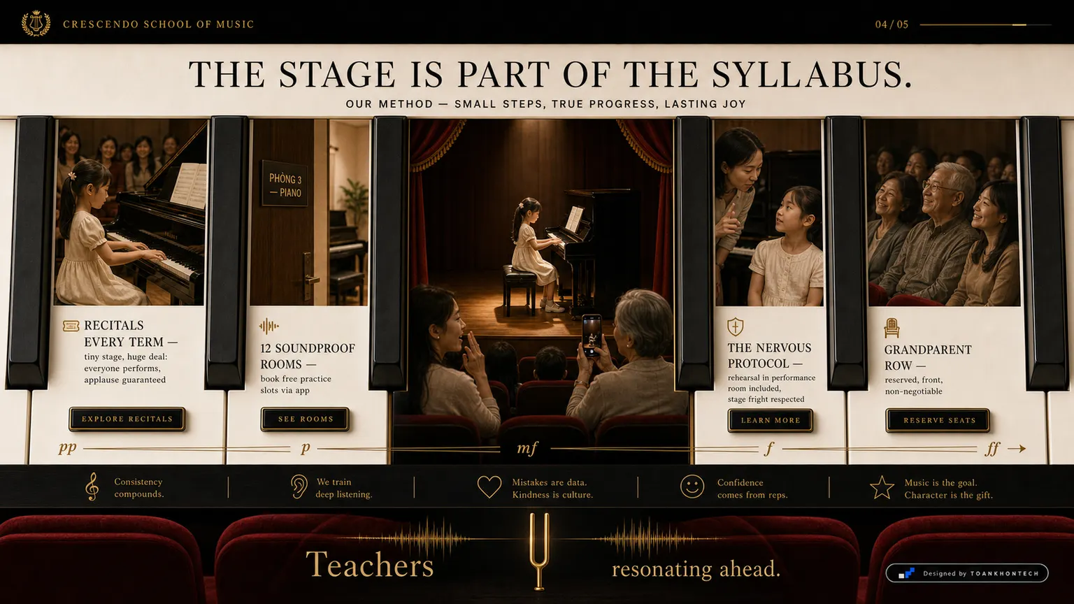 CRESCENDO SCHOOL OF MUSIC website concept artboard focused on recitals