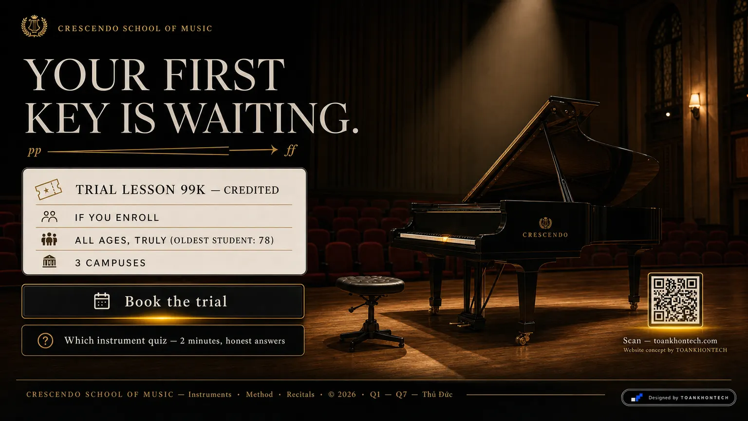 CRESCENDO SCHOOL OF MUSIC website concept artboard focused on closing invitation
