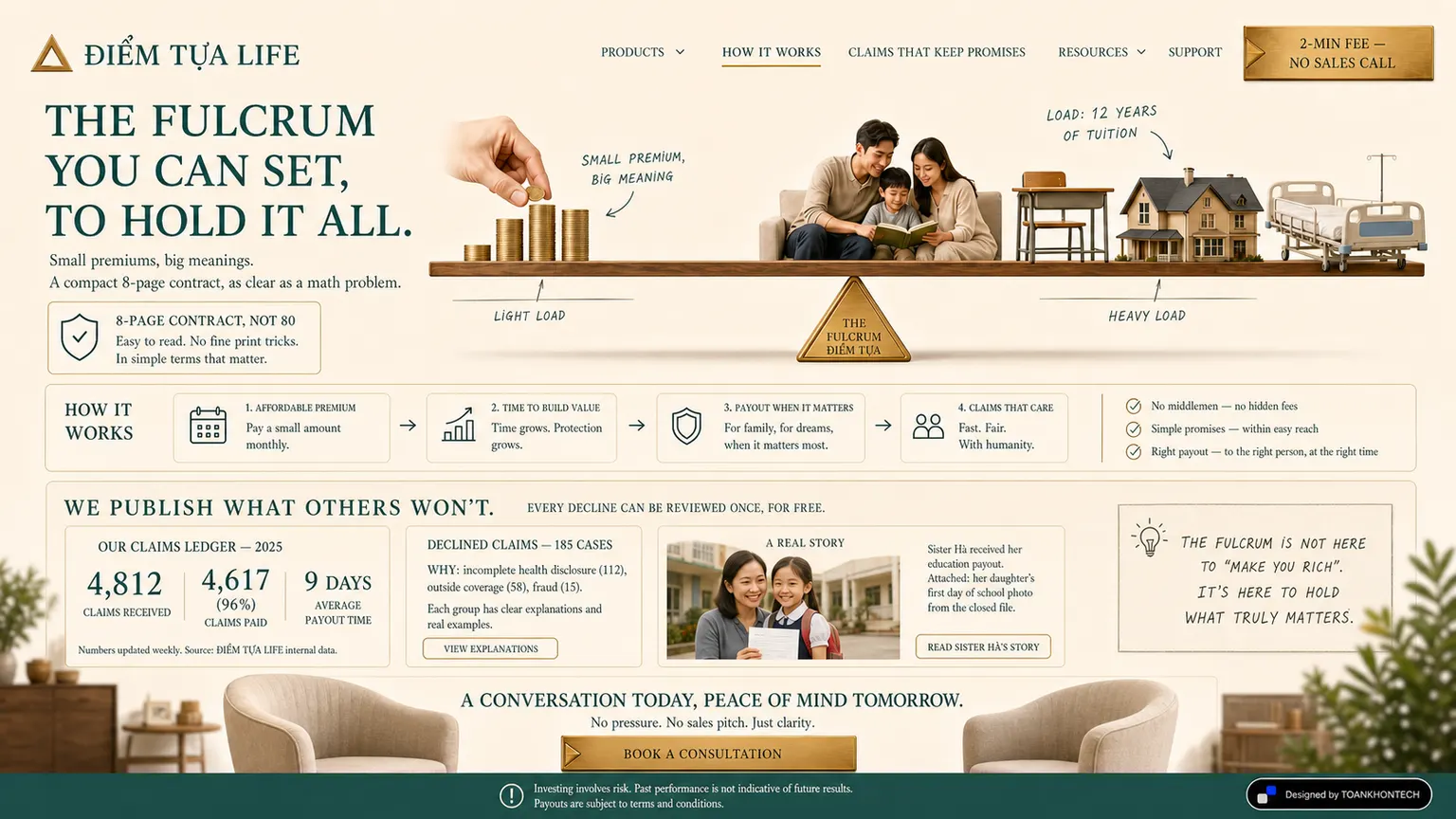 ĐIỂM TỰA LIFE website concept artboard focused on claims