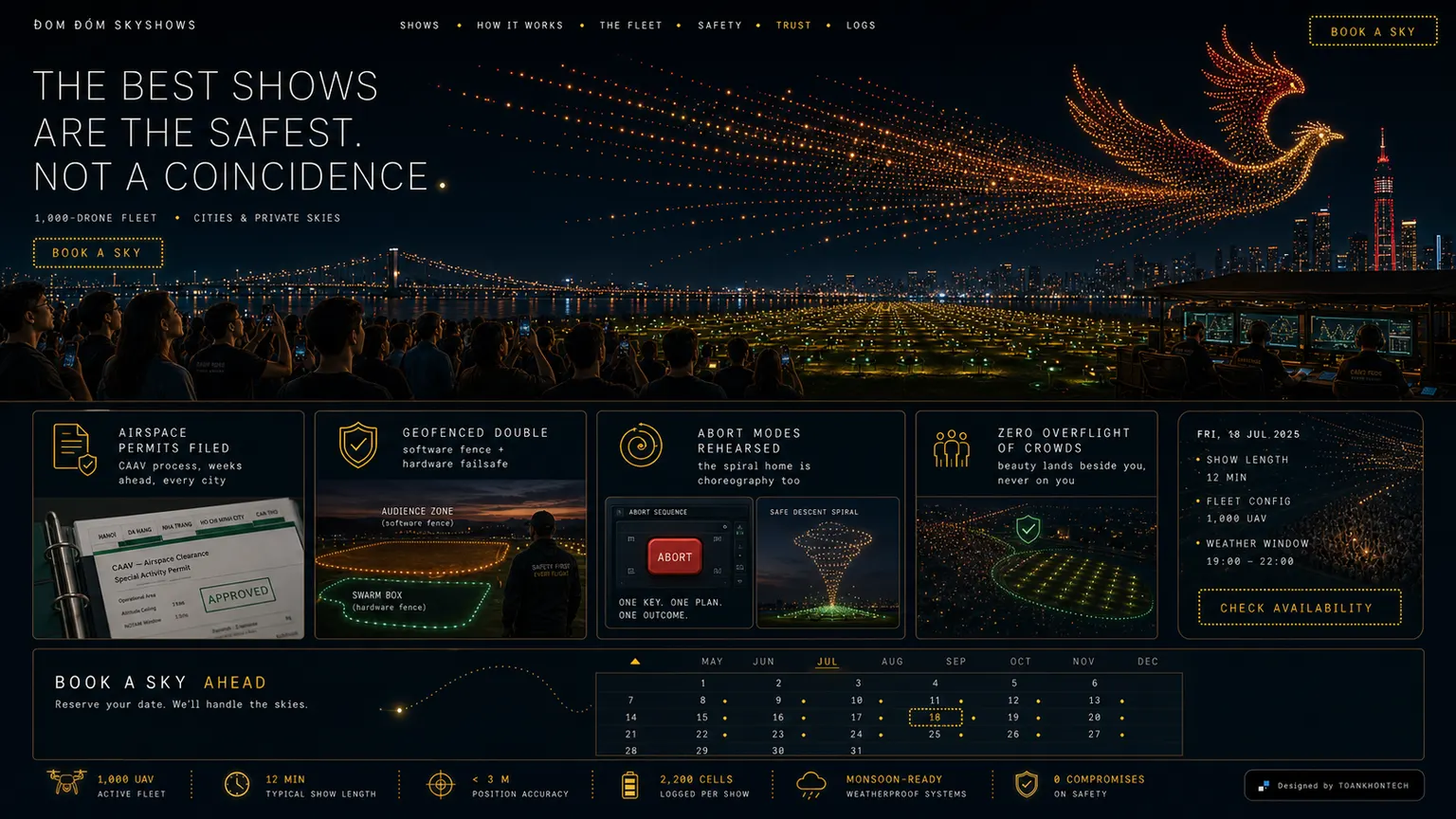 ĐOM ĐÓM SKYSHOWS website concept artboard focused on safety