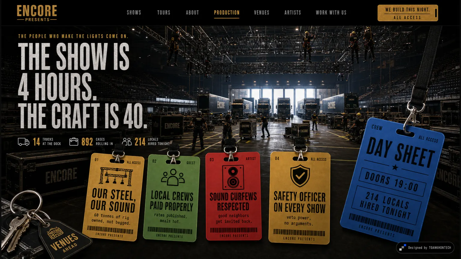 ENCORE PRESENTS website concept artboard focused on production
