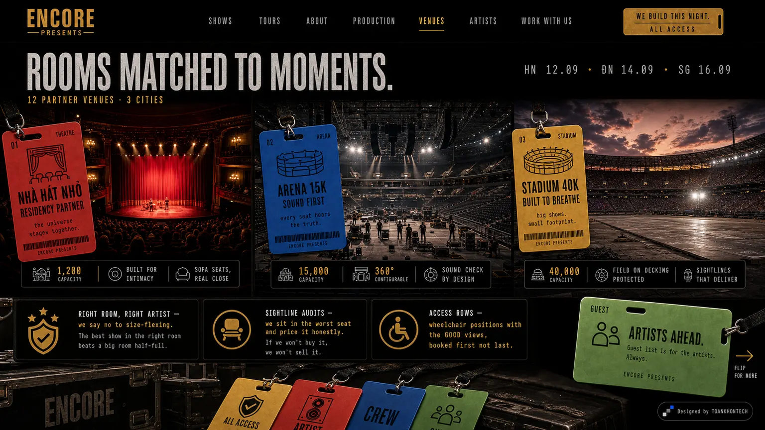 ENCORE PRESENTS website concept artboard focused on venues