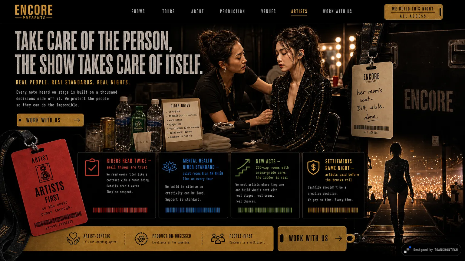 ENCORE PRESENTS website concept artboard focused on artists