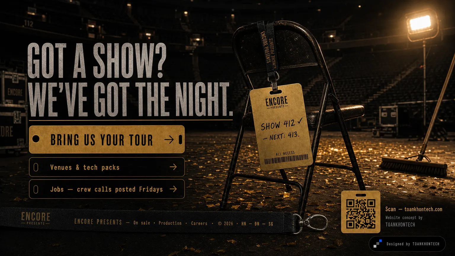 ENCORE PRESENTS website concept artboard focused on closing invitation