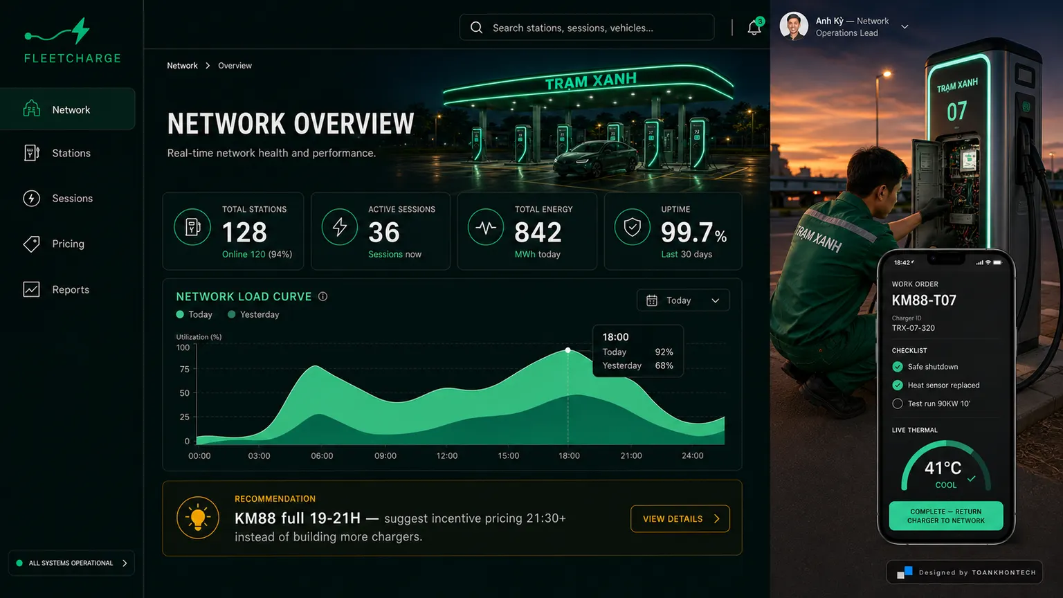 FLEETCHARGE website concept artboard focused on field handoff