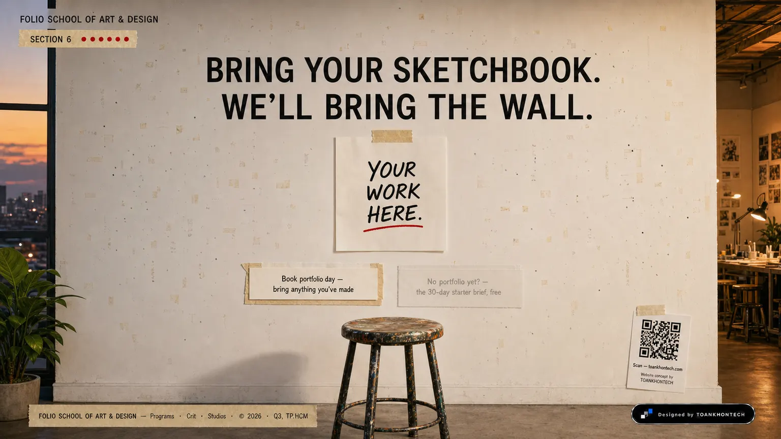 FOLIO SCHOOL OF ART & DESIGN website concept artboard focused on closing invitation