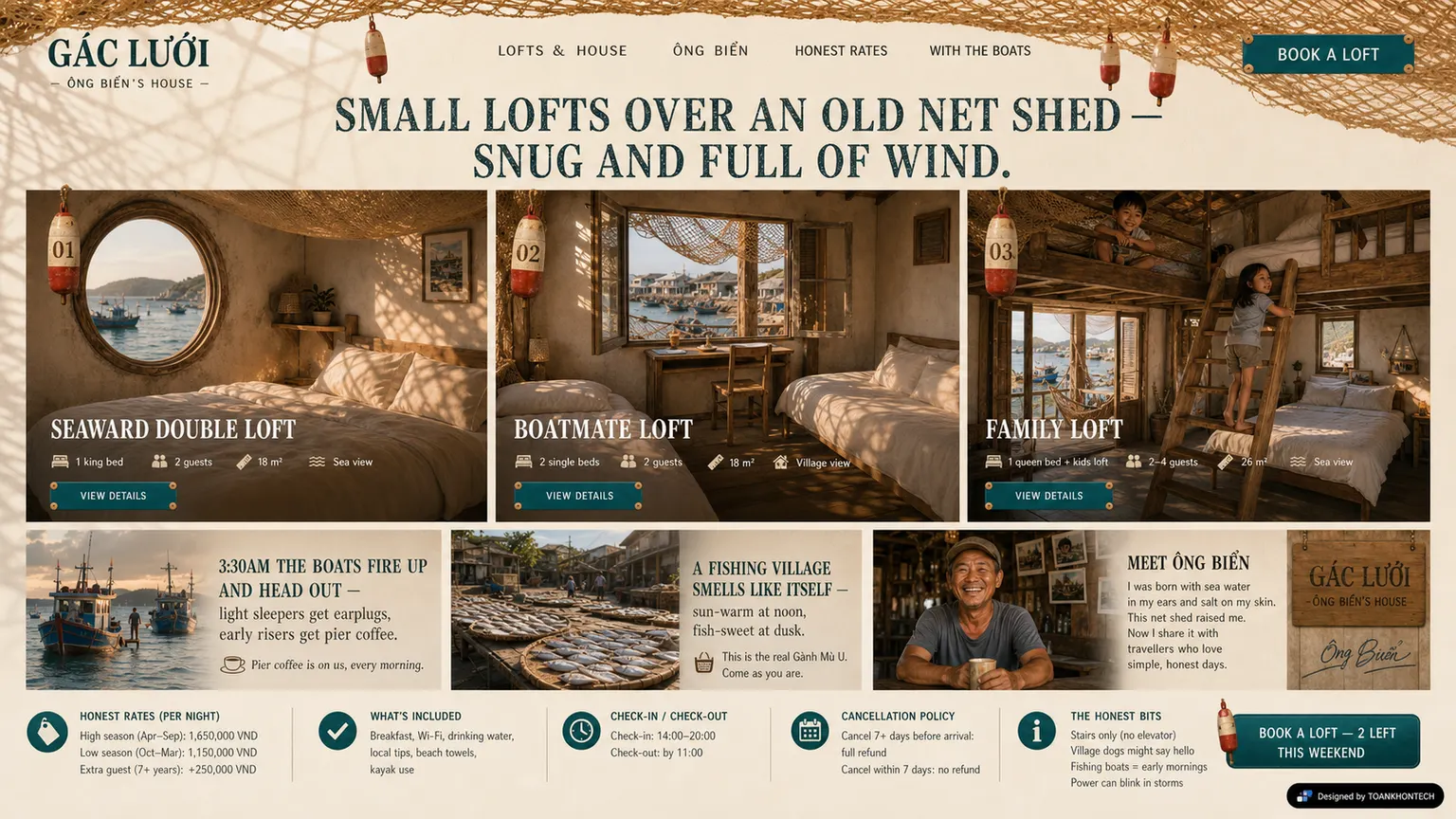 GÁC LƯỚI website concept artboard focused on rooms and stays