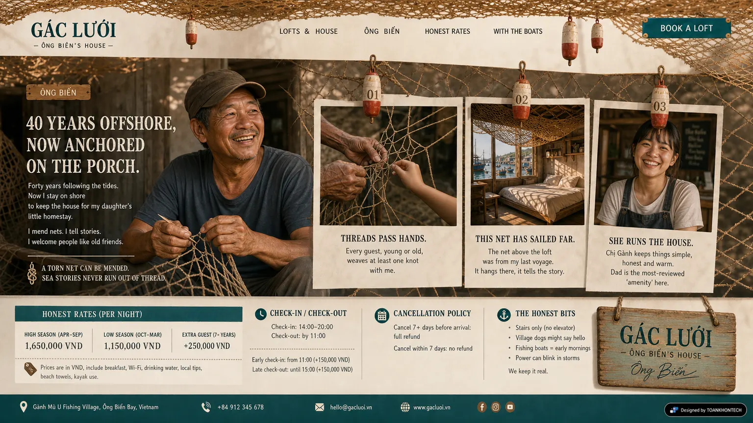 GÁC LƯỚI website concept artboard focused on hosting practice