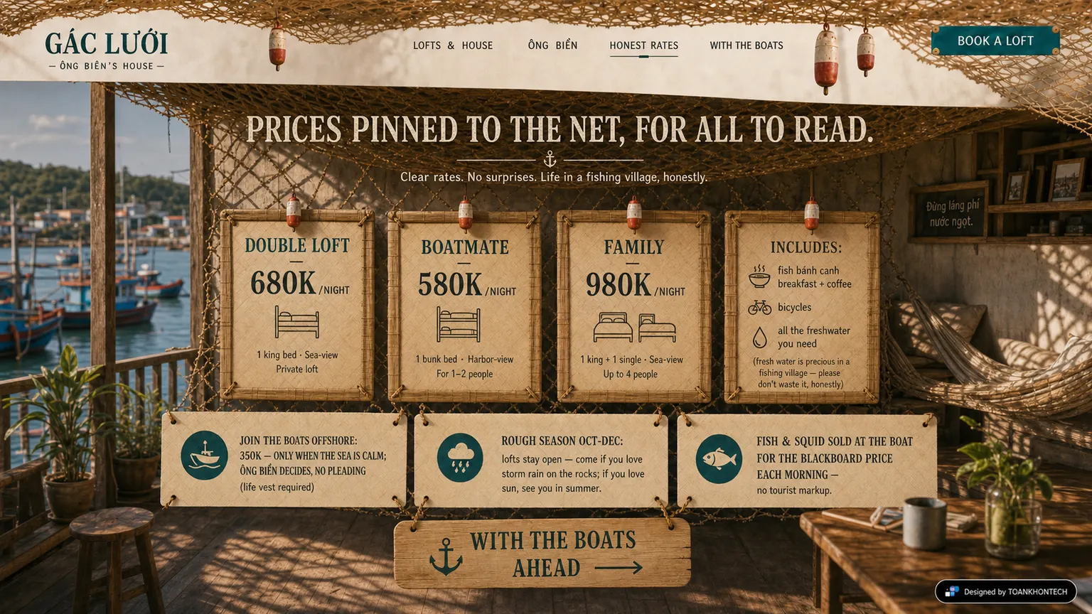 GÁC LƯỚI website concept artboard focused on rates and booking terms