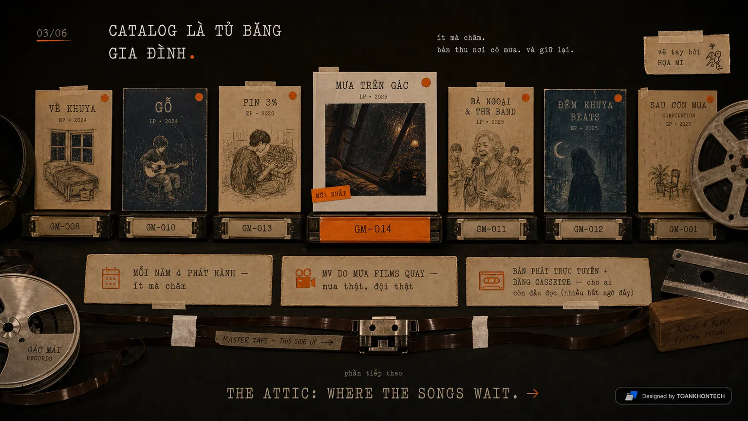 GÁC MÁI RECORDS website concept artboard focused on releases