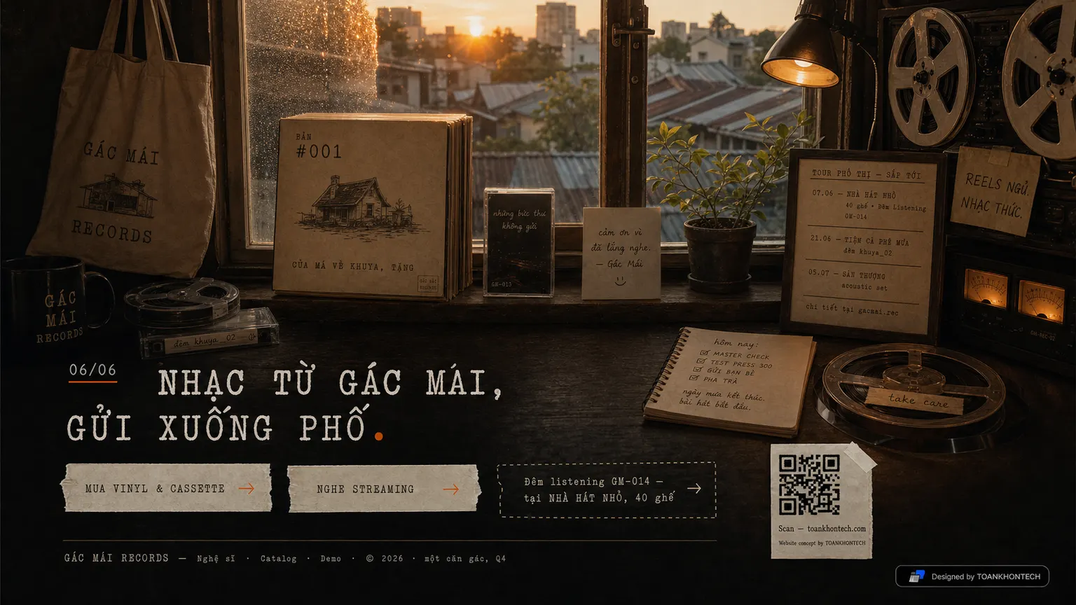 GÁC MÁI RECORDS website concept artboard focused on closing invitation