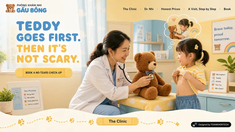 PHÒNG KHÁM NHI GẤU BÔNG — Teddy goes first. Then it is not scary.