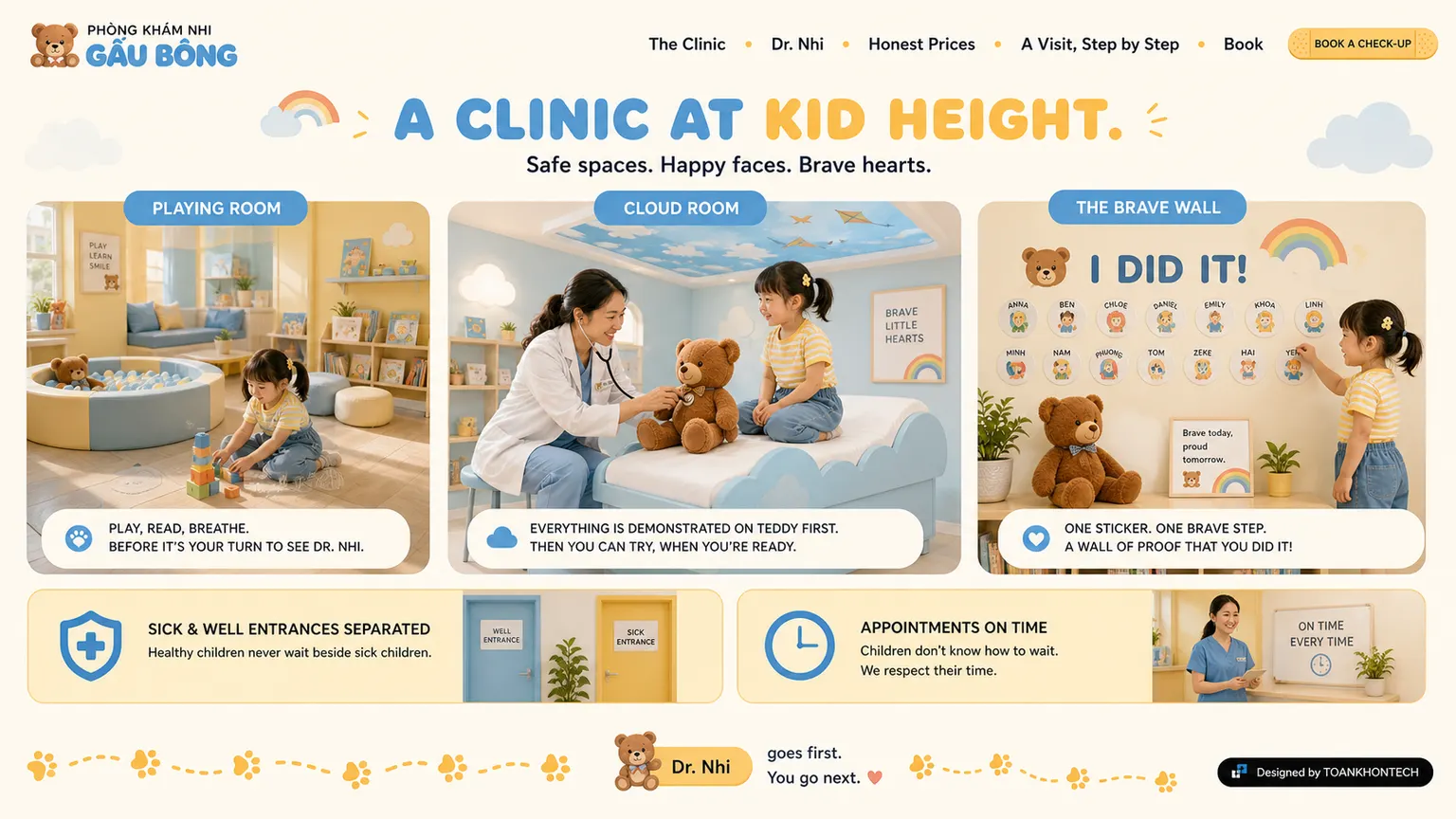 PHÒNG KHÁM NHI GẤU BÔNG website concept artboard focused on visitor space