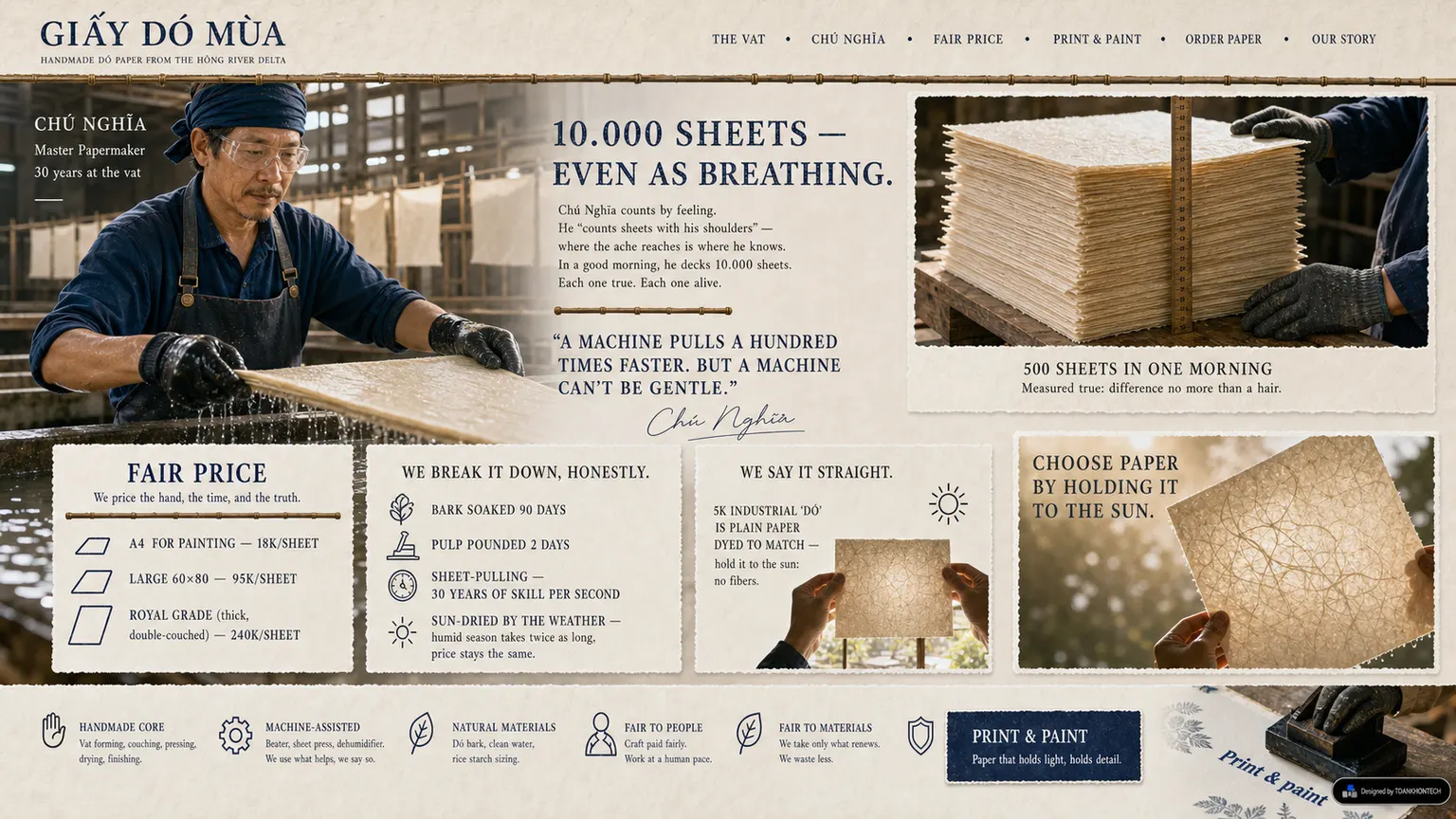GIẤY DÓ MÙA website concept artboard focused on fair-price model