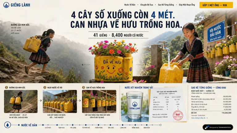 GIẾNG LÀNH — 4 cây số xuống còn 4 mét. Can nhựa về hưu trồng hoa.
