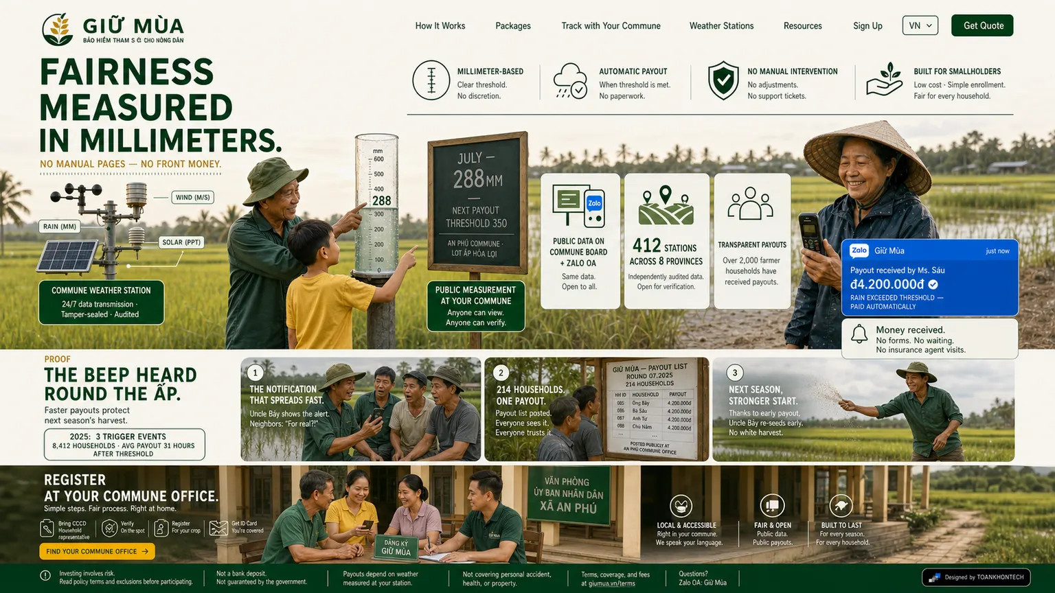 GIỮ MÙA website concept artboard focused on payouts
