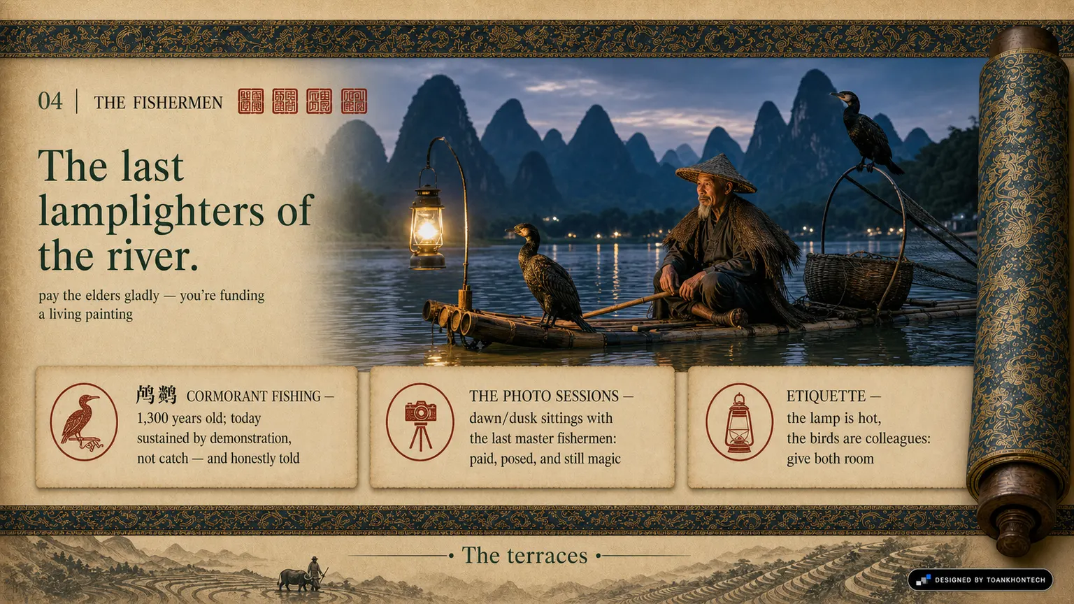桂林·阳朔 — THE RIVER SCROLL website concept artboard focused on fishermen