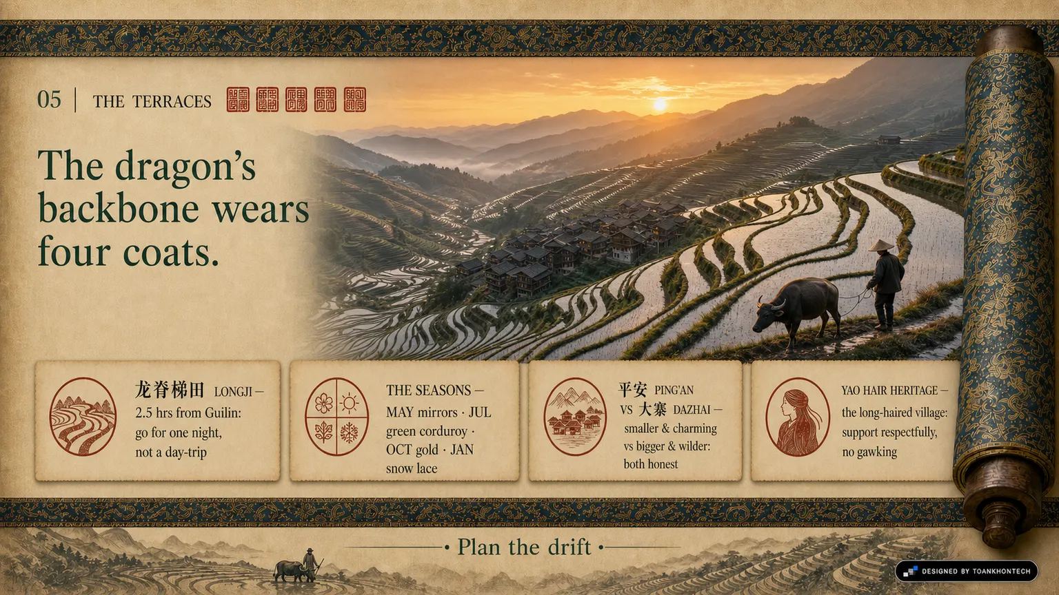 桂林·阳朔 — THE RIVER SCROLL website concept artboard focused on terraces