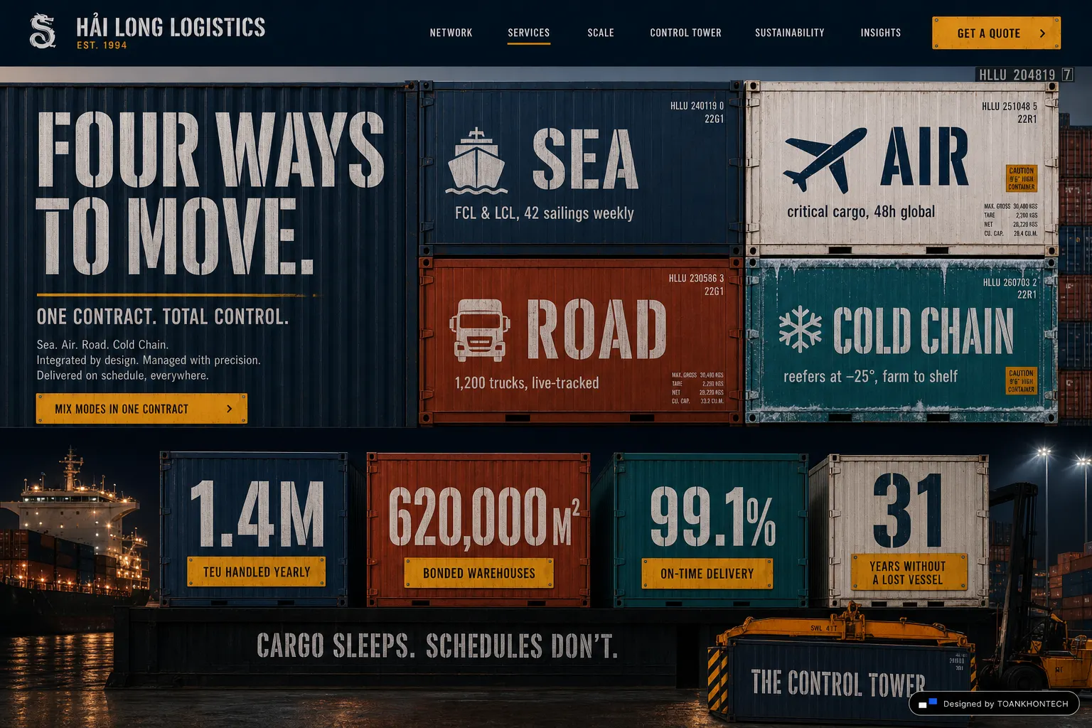 HẢI LONG LOGISTICS website concept artboard focused on scale