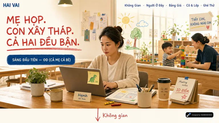 HAI VAI — Mẹ họp. Con xây tháp. Cả hai đều bận.
