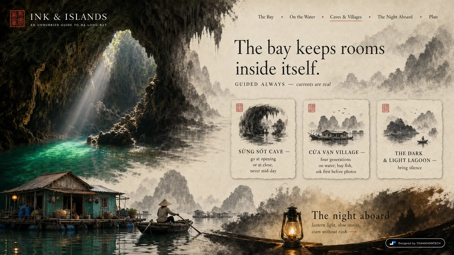INK & ISLANDS website concept artboard focused on caves