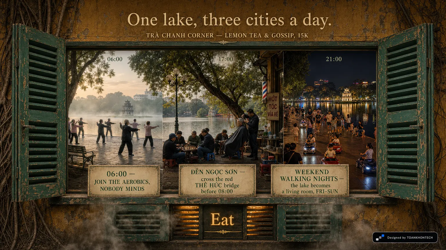 HÀ NỘI — THE GREEN SHUTTERS website concept artboard focused on lakehours