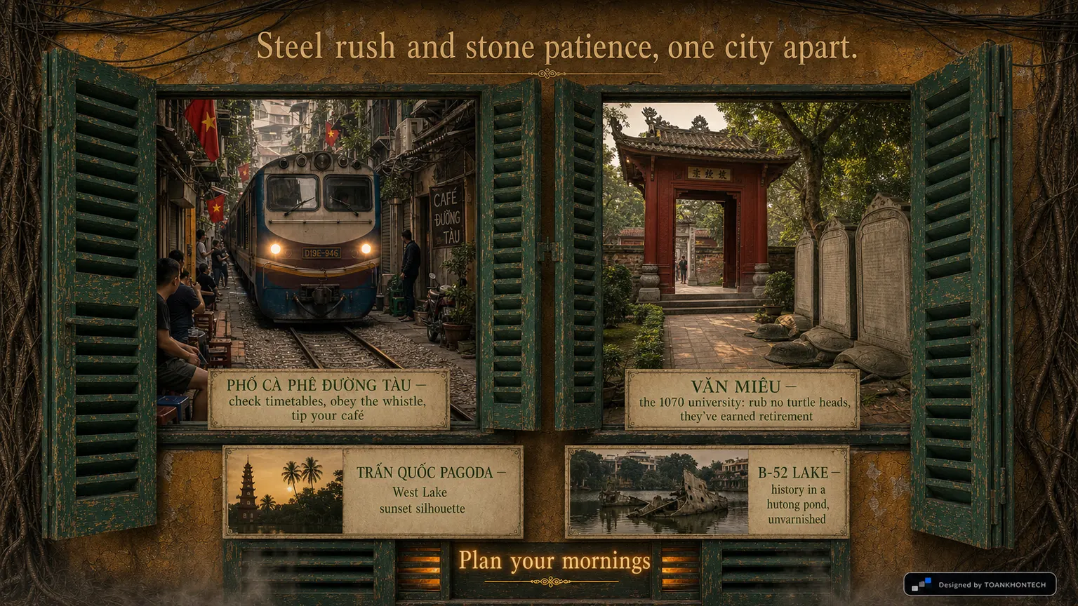 HÀ NỘI — THE GREEN SHUTTERS website concept artboard focused on traintemples