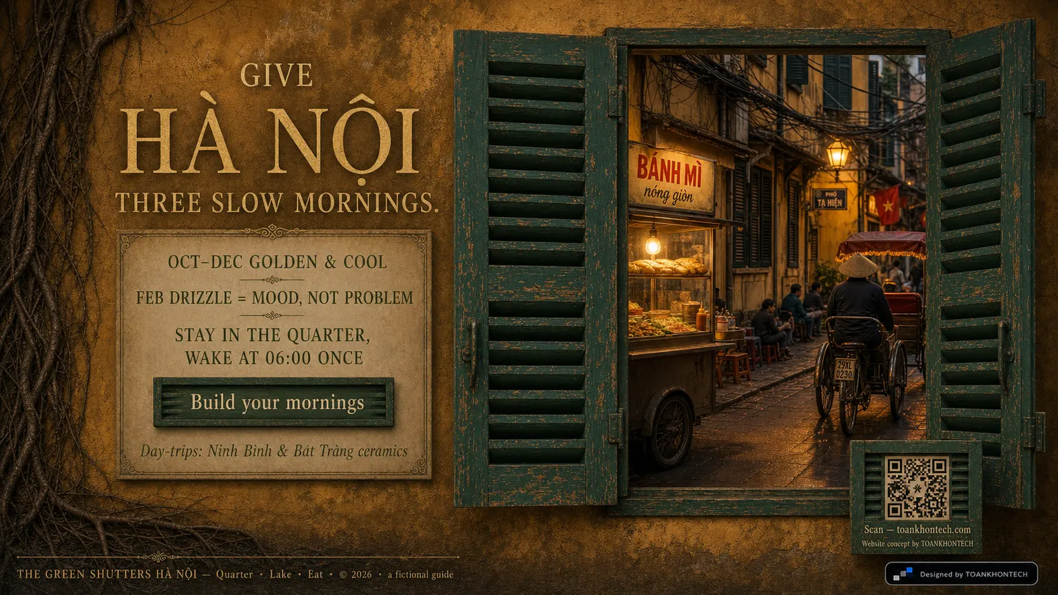 HÀ NỘI — THE GREEN SHUTTERS website concept artboard focused on closing invitation