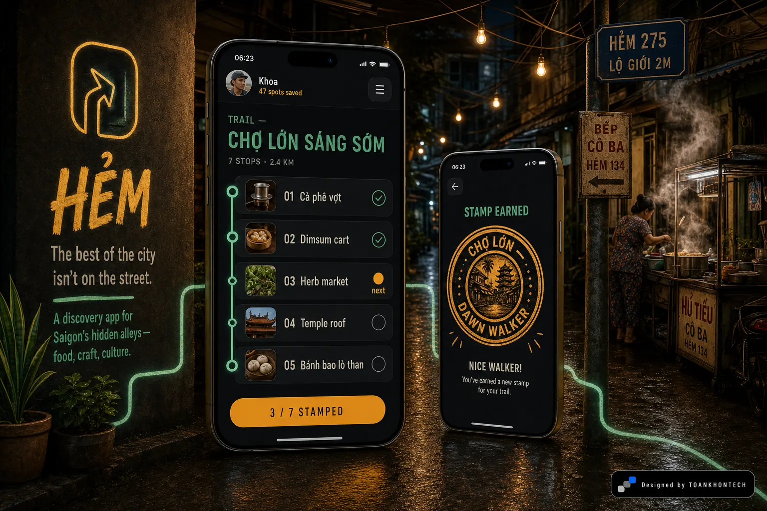 HẺM website concept artboard focused on trails