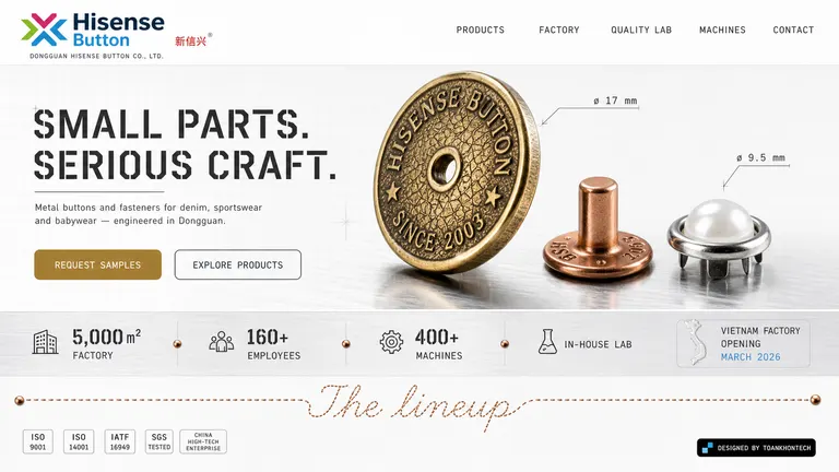 Hisense Button 新信兴 — Metal buttons and fasteners for denim, sportswear and babywear — engineered in Dongguan.