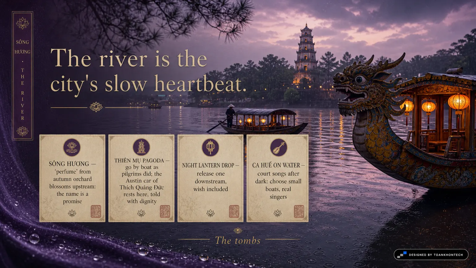 HUẾ — THE RAIN VEIL website concept artboard focused on theriver
