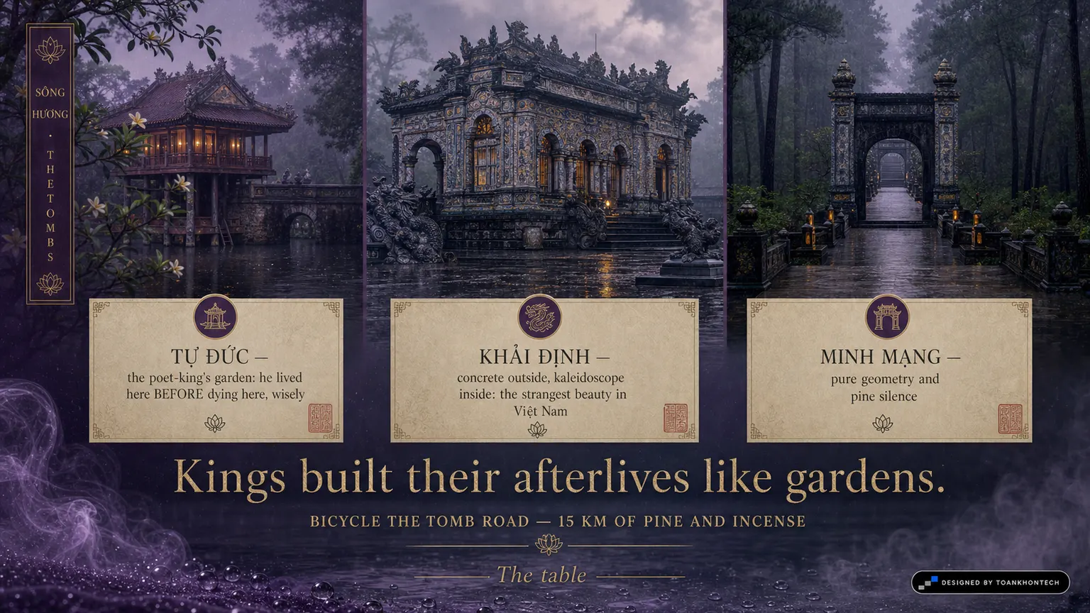 HUẾ — THE RAIN VEIL website concept artboard focused on tombs
