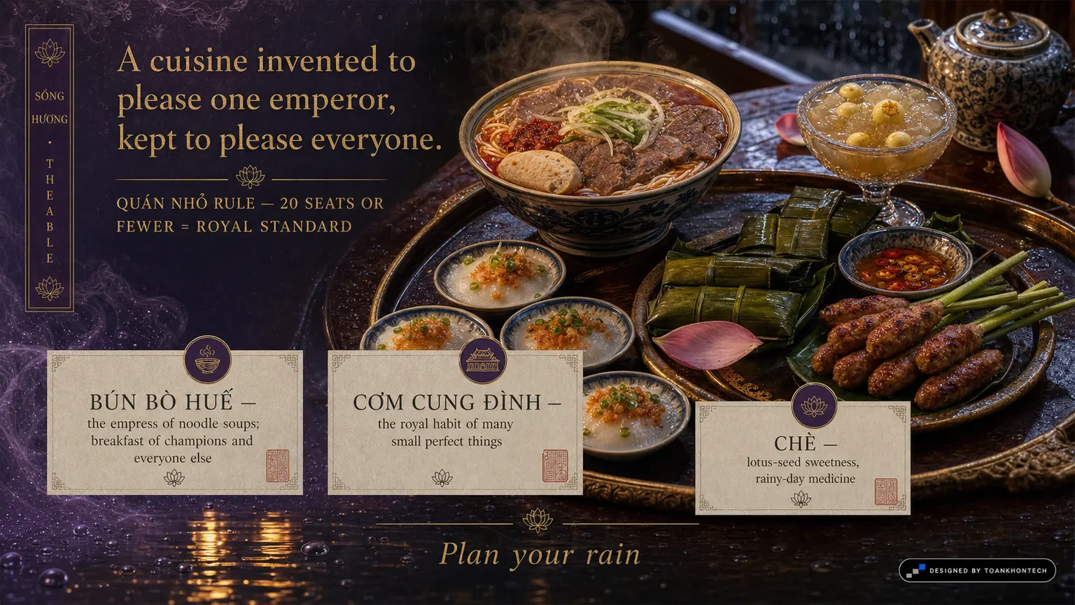 HUẾ — THE RAIN VEIL website concept artboard focused on thetable