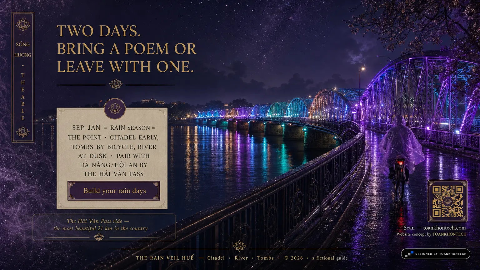 HUẾ — THE RAIN VEIL website concept artboard focused on closing invitation