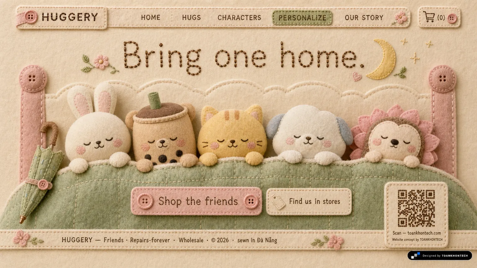 HUGGERY website concept artboard focused on closing invitation