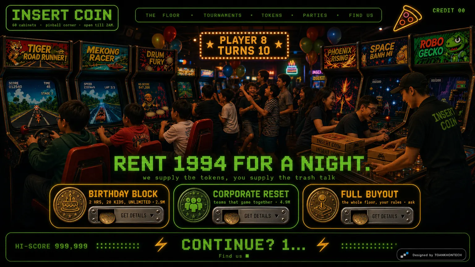 INSERT COIN_ website concept artboard focused on parties