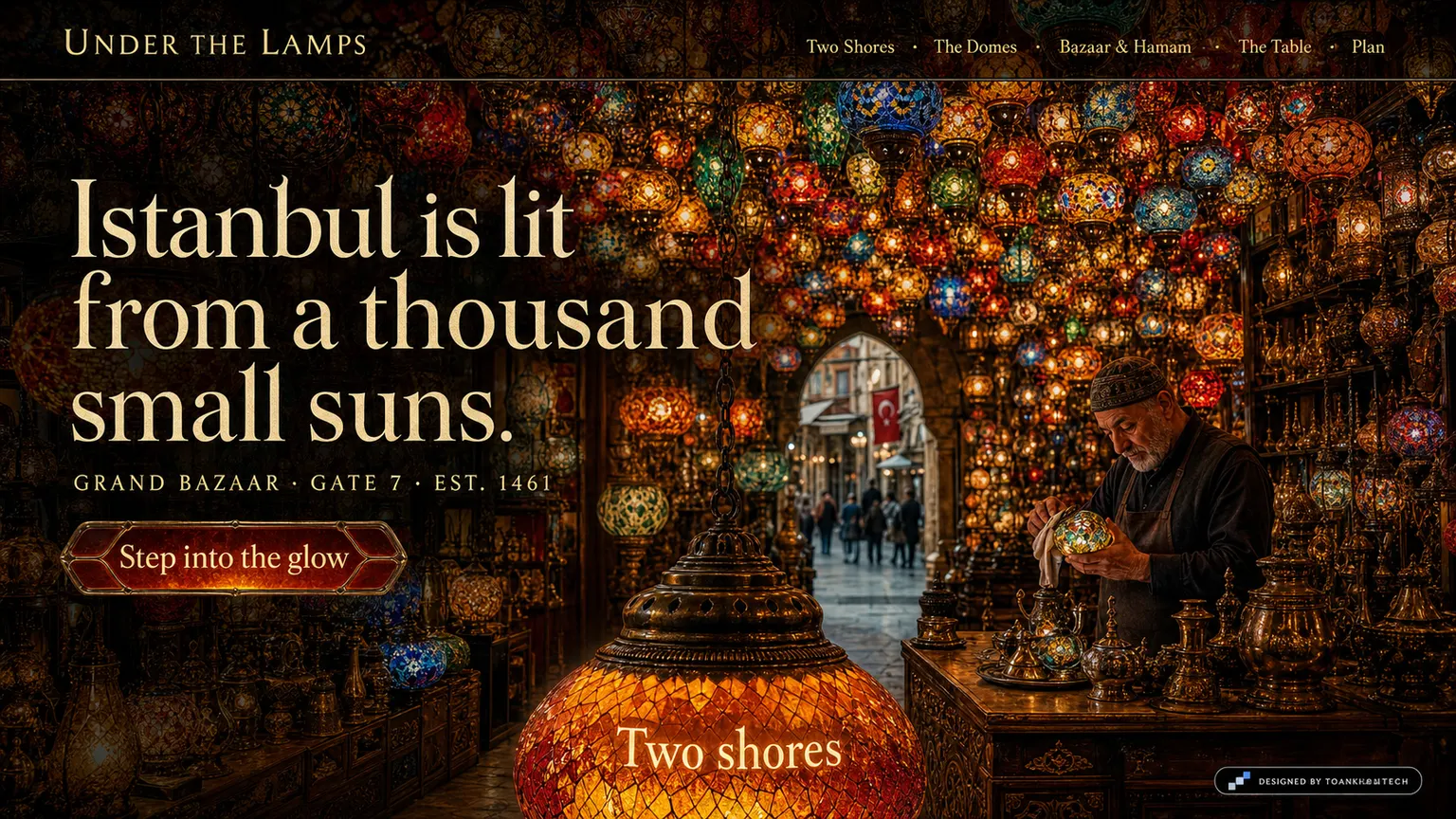 UNDER THE LAMPS opening interface — a destination and hospitality platform