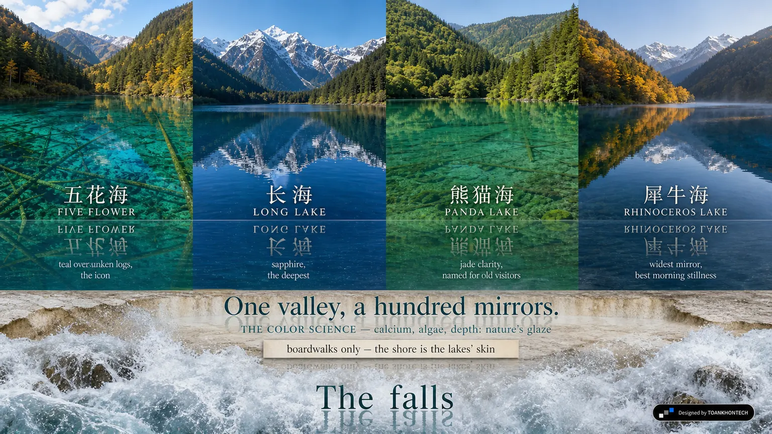 九寨沟 — THE COLORED WATERS website concept artboard focused on lakes