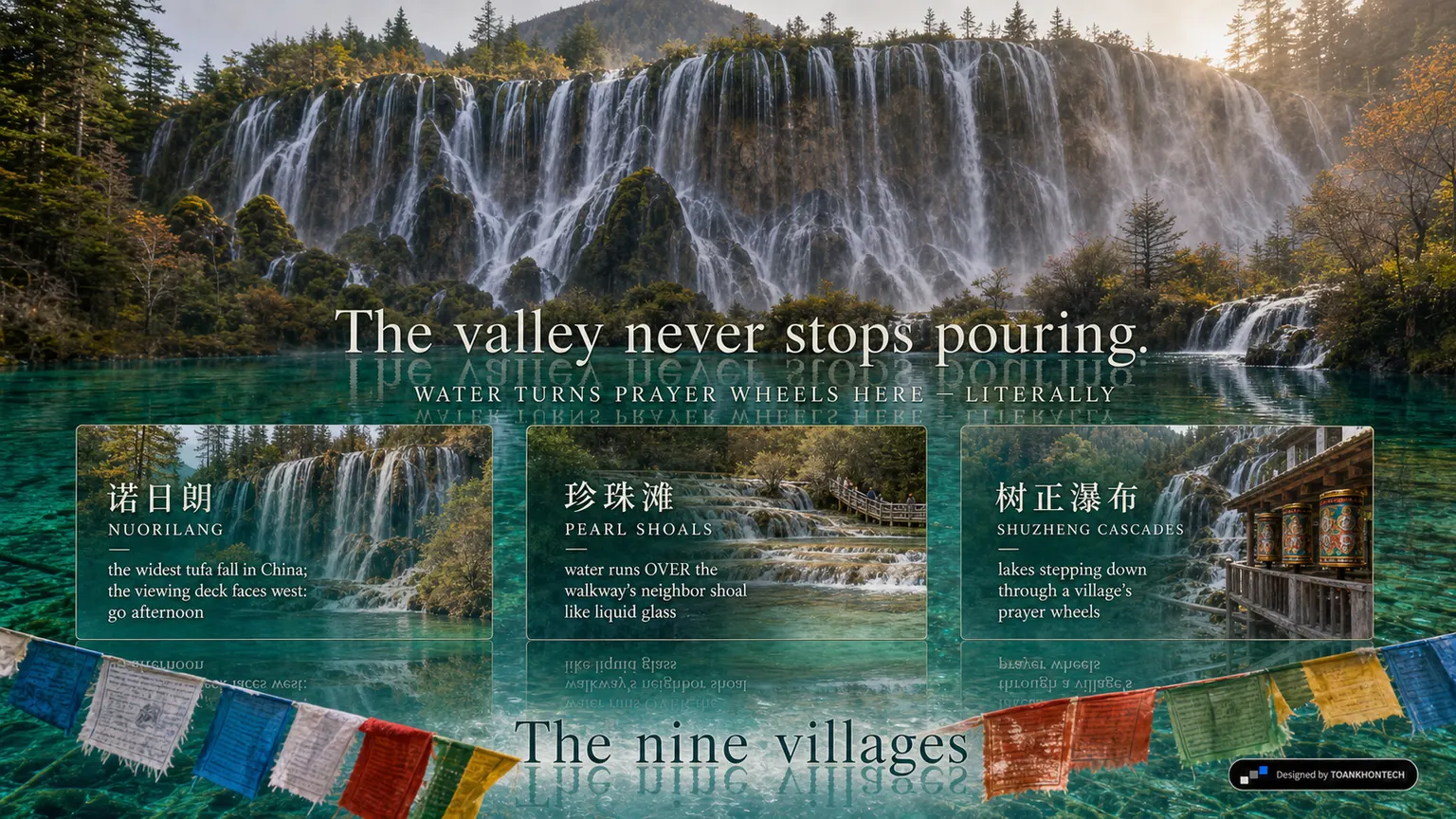 九寨沟 — THE COLORED WATERS website concept artboard focused on waterfalls