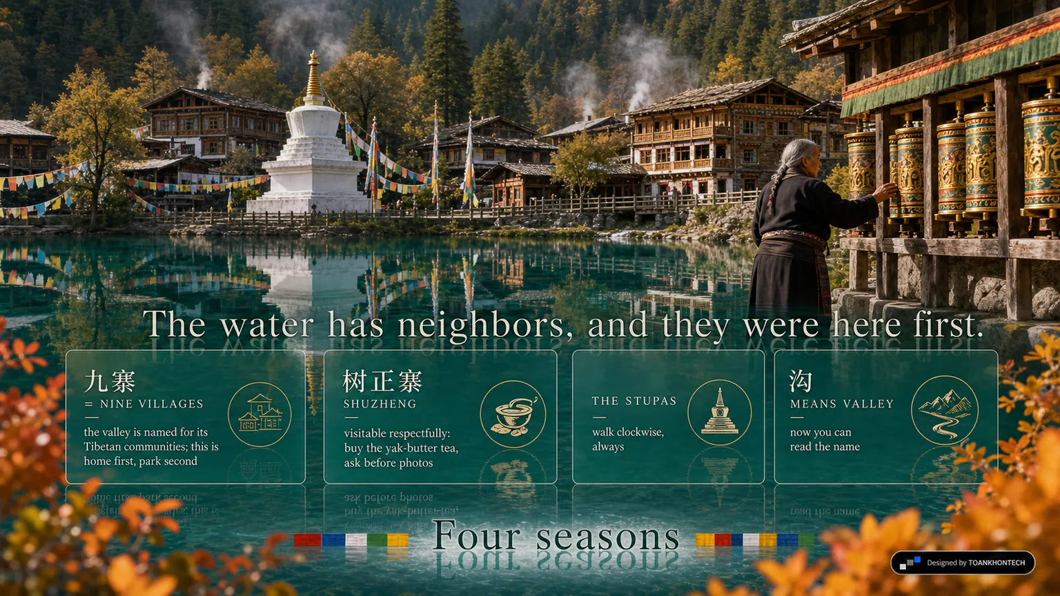 九寨沟 — THE COLORED WATERS website concept artboard focused on villages