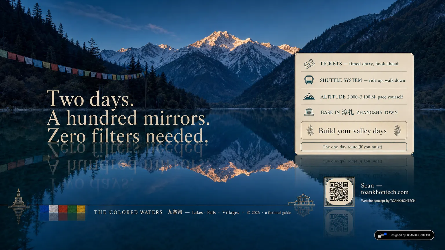 九寨沟 — THE COLORED WATERS website concept artboard focused on closing invitation