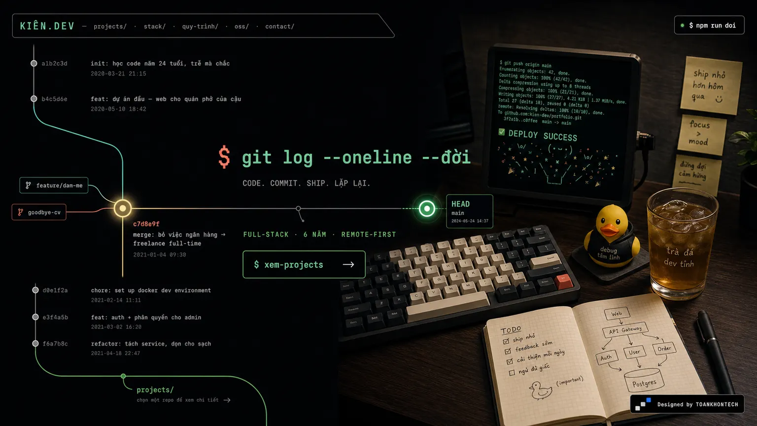KIÊN.DEV opening interface — a creative practice portfolio
