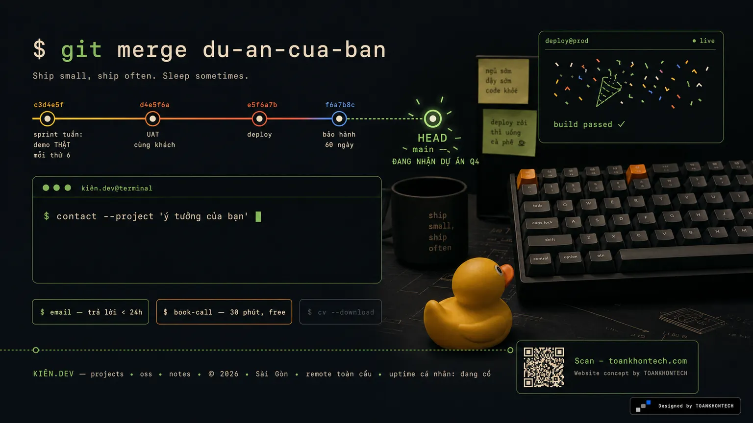 KIÊN.DEV website concept artboard focused on closing invitation
